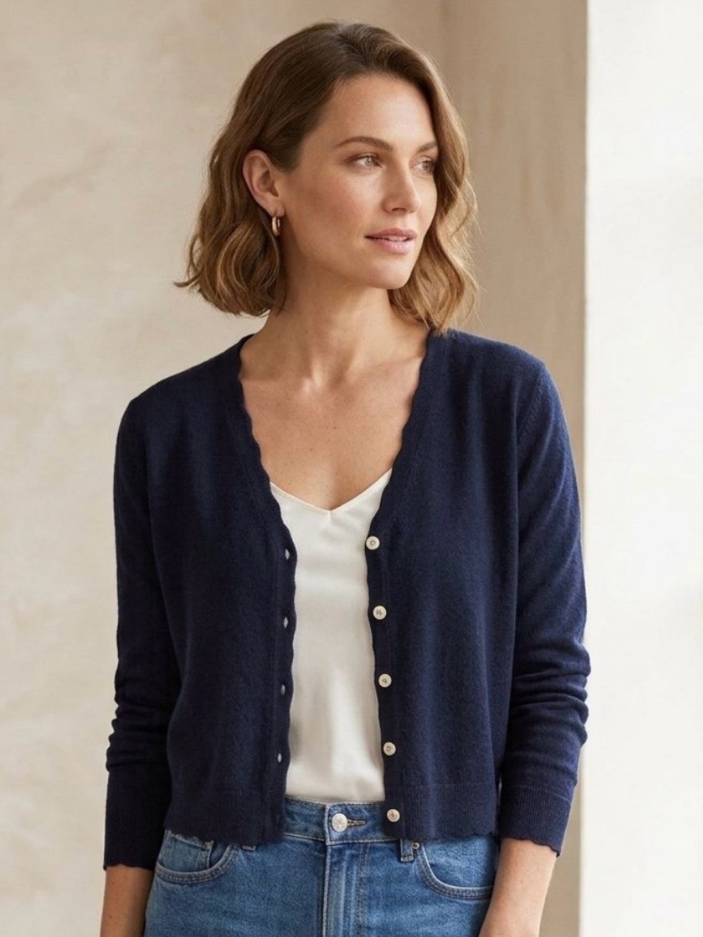 Herman Geist Classic Navy Scallop-Edge Cardigan Sweater - Women XL